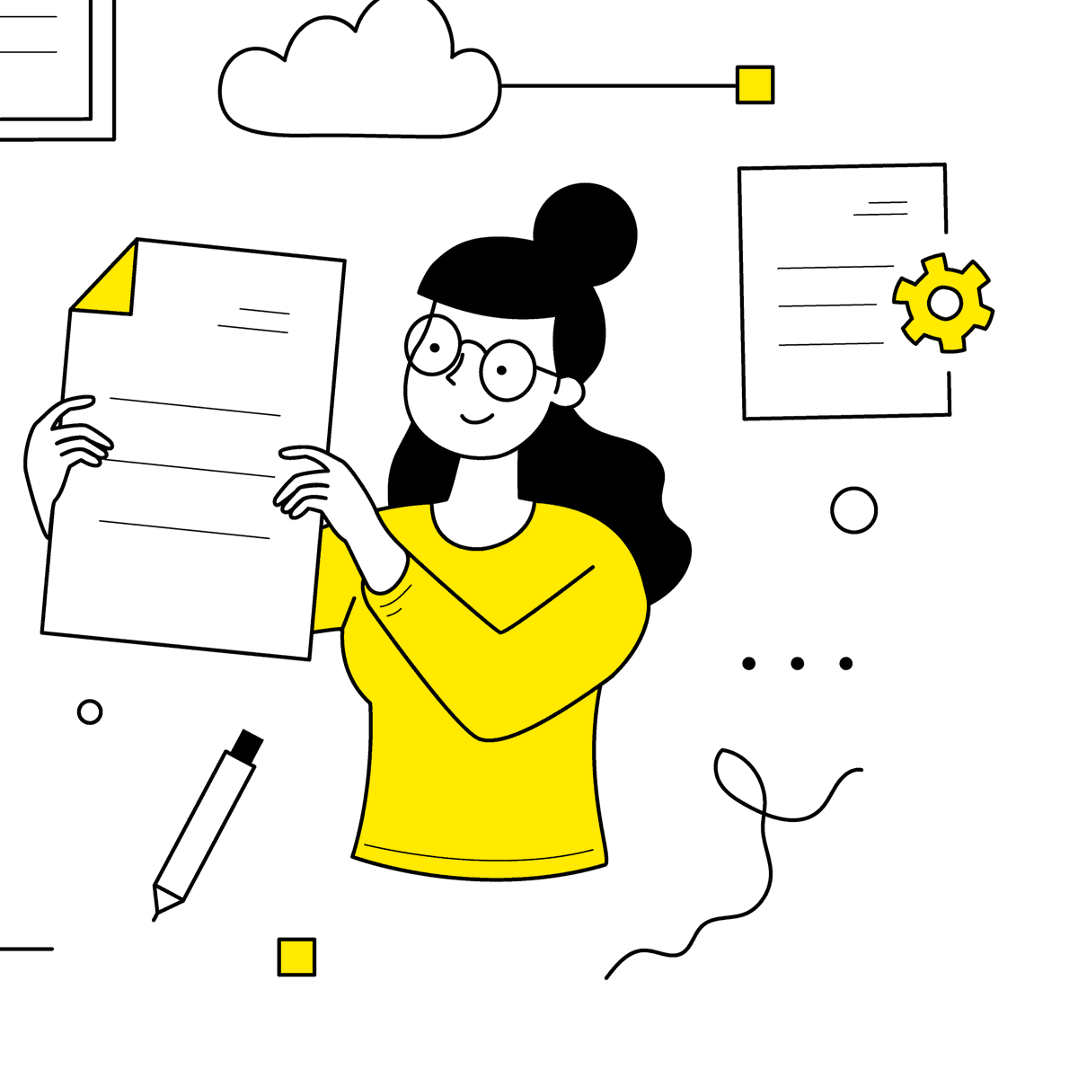 Illustration au trait : une collaboratrice examine un contrat, entourée de documents et d'un engrenage